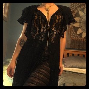 Vintage Long lace black button down duster sexy